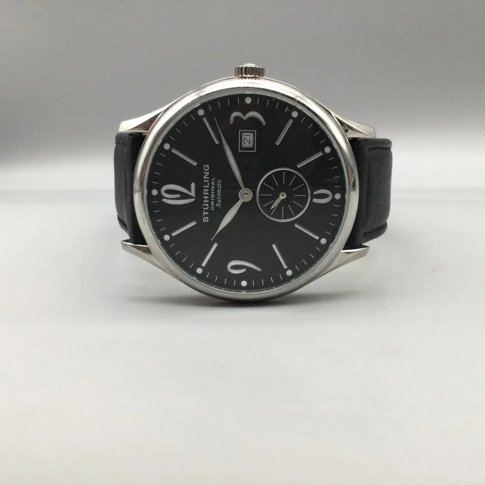 Stuhrling Original Mens Watch 44mm Black Dial Black Leather Automatic Date